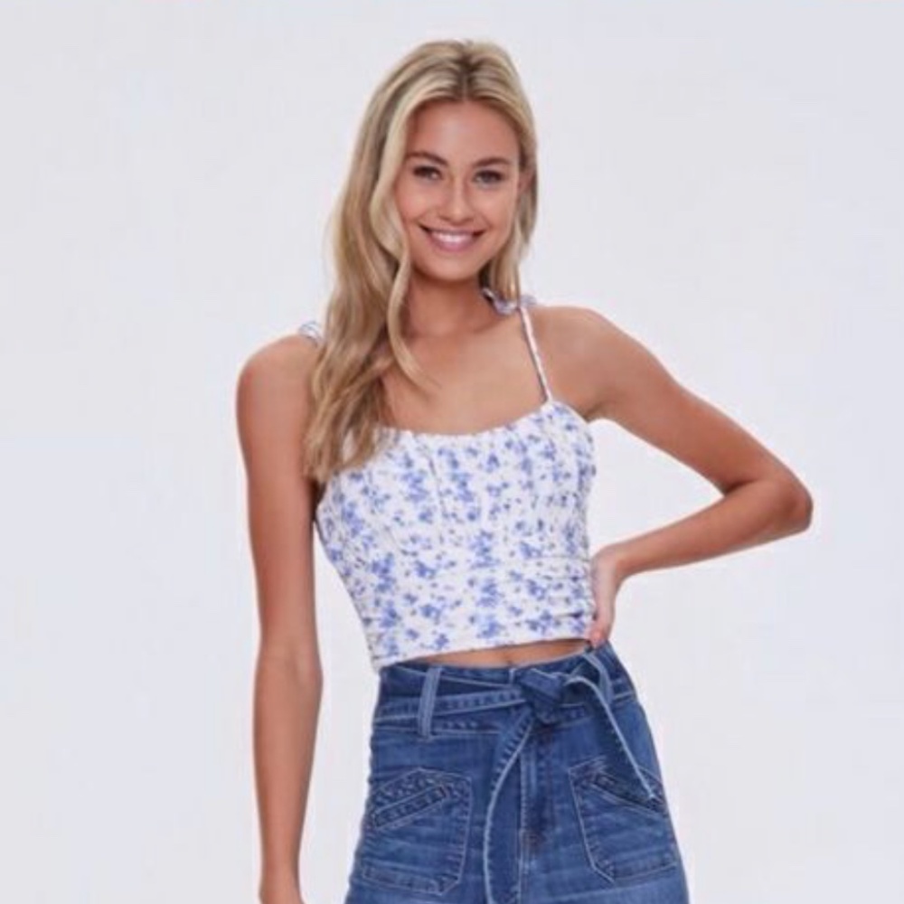 EUC Forever21 Floral Blue and White Tie Strap Top